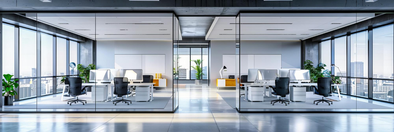 Empty modern open-plan office with glass-walled rooms, white desks with monitors and a city skyline beyond the windows.