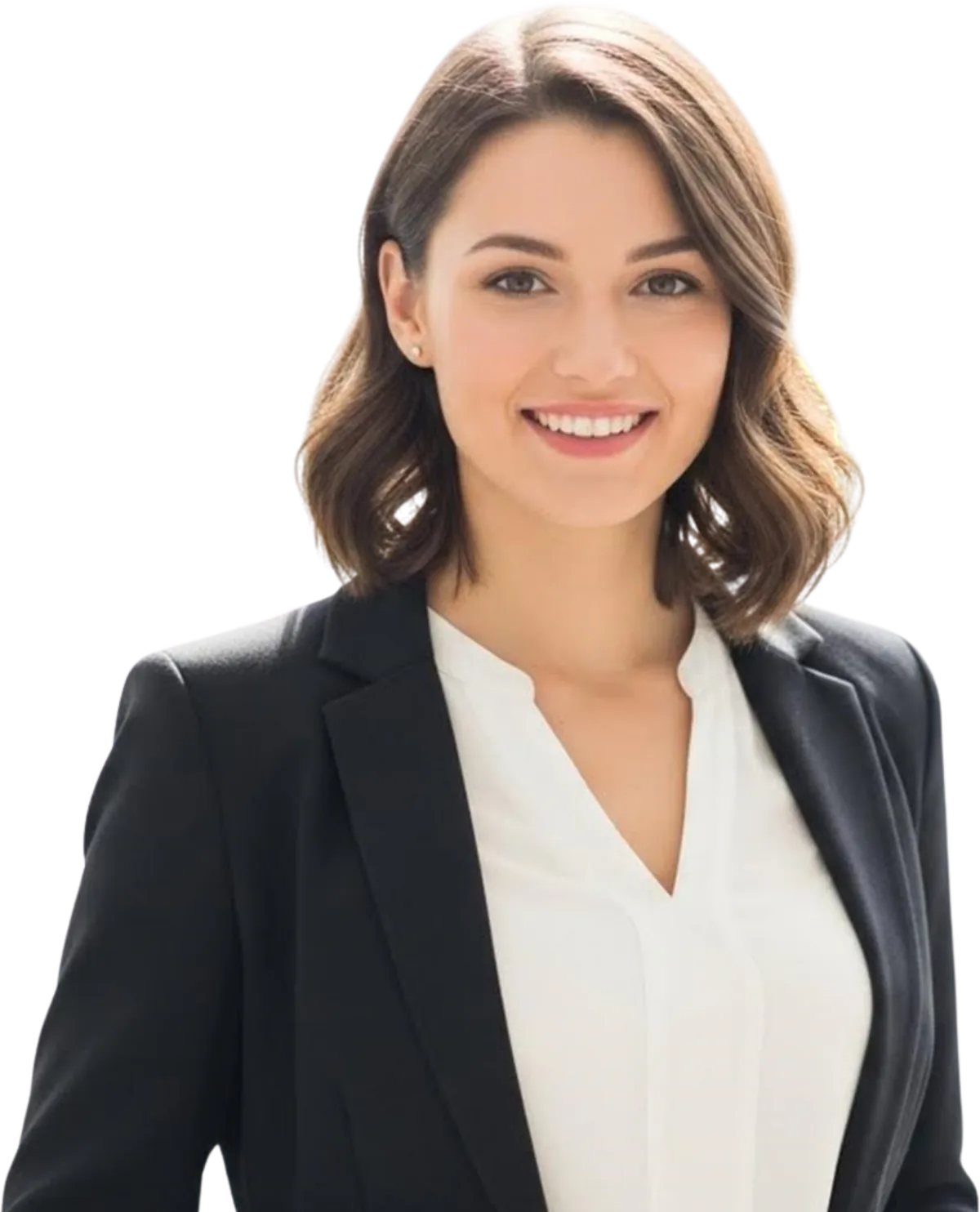 A smiling young woman with shoulder-length wavy brown hair, wearing a black blazer over a white V-neck blouse, looking straight at the camera.